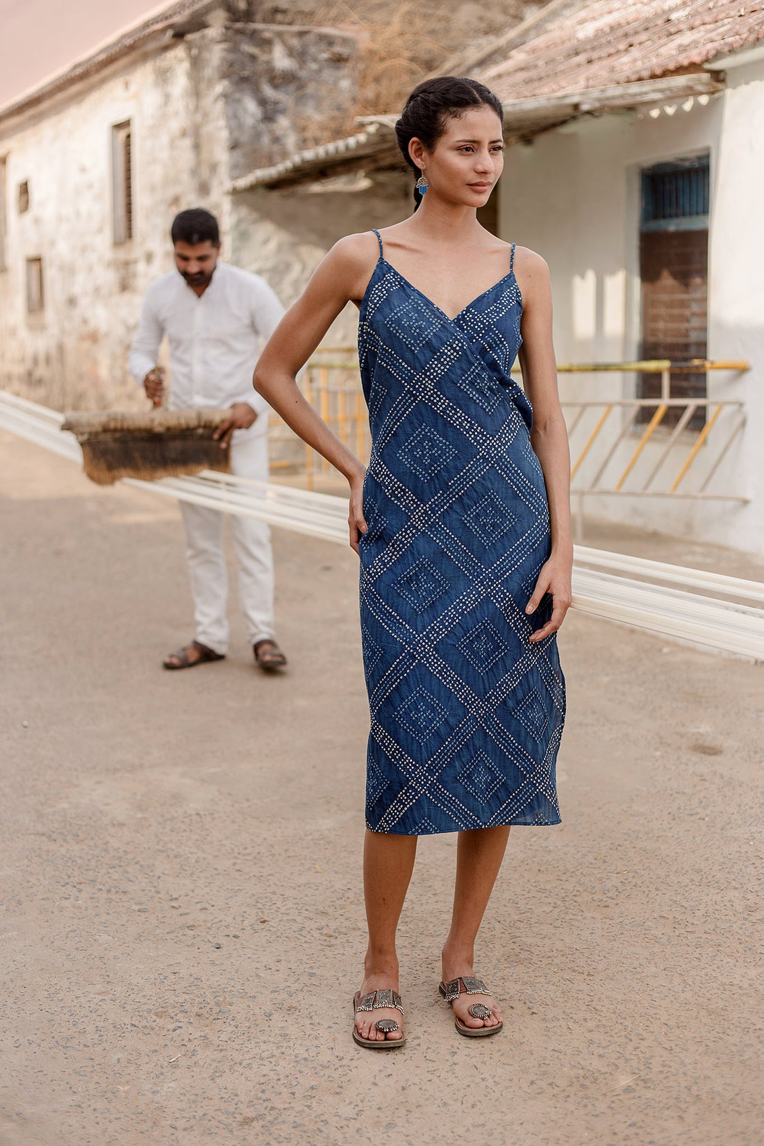 Aahana Strappy Wrap Dress in Indigo Tile Bandhani