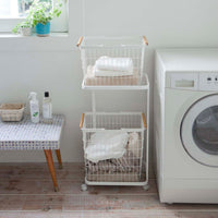 Rolling Laundry Cart + Wire Baskets (38" H) - Steel + Wood