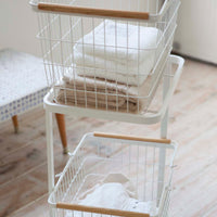 Rolling Laundry Cart + Wire Baskets (38" H) - Steel + Wood