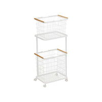 Rolling Laundry Cart + Wire Baskets (38" H) - Steel + Wood