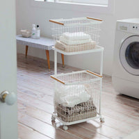 Rolling Laundry Cart + Wire Baskets (38" H) - Steel + Wood