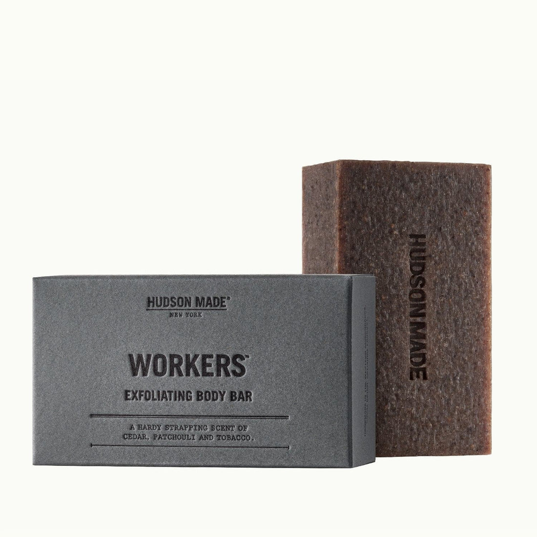 Hudson Made Workers Exfoliating Body Bar with a Strapping Scent of Cedar, Patchouli and Tobacco.