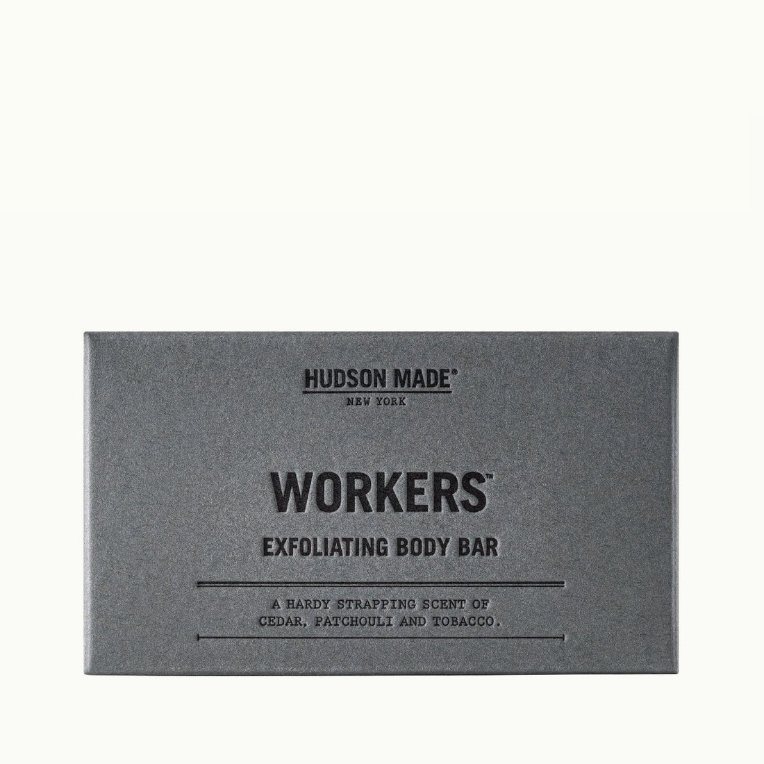 Hudson Made Workers Exfoliating Body Bar with a Strapping Scent of Cedar, Patchouli and Tobacco.