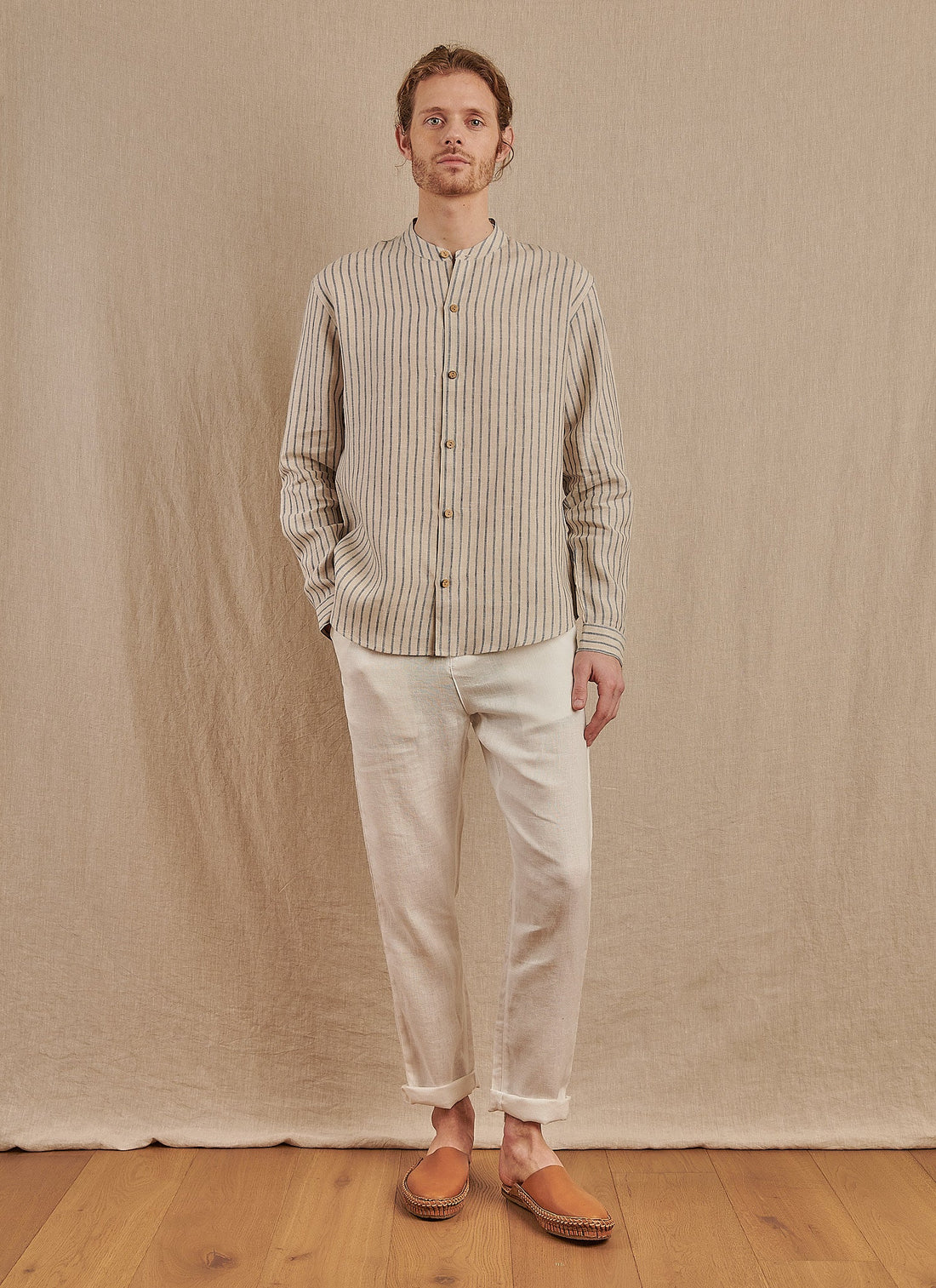 Men's Striped Monty Mandarin in Linen - Final Sale