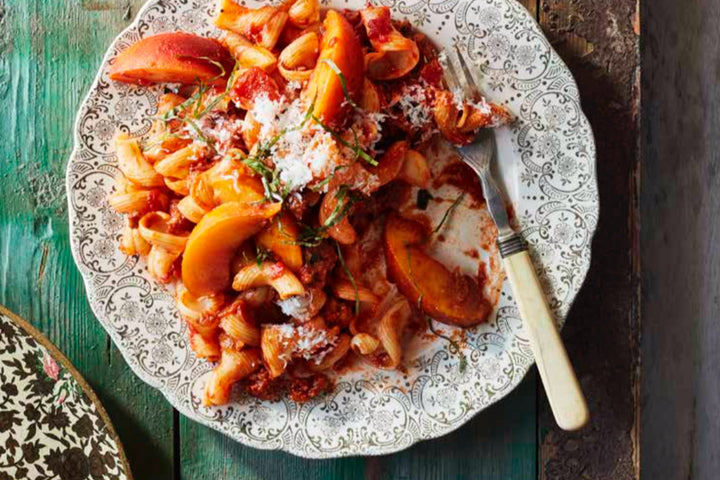 Pam's Pasta with Sausage, Tomatoes, and Peaches