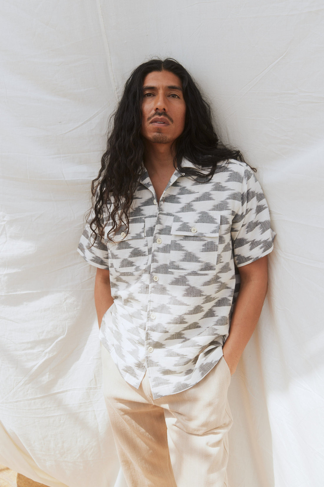 Harshil 2 Pocket Shirt Cotton Kora with Cloud Ikat in Charcoal