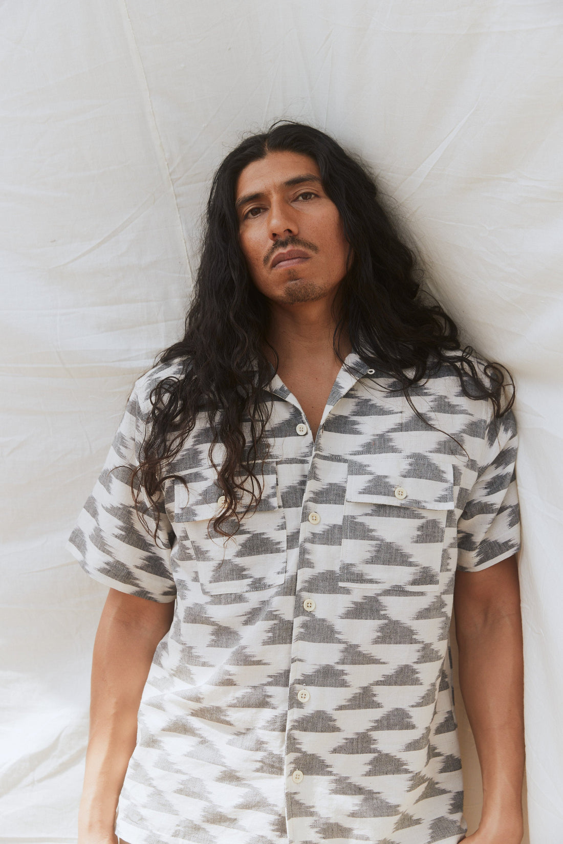 Harshil 2 Pocket Shirt Cotton Kora with Cloud Ikat in Charcoal