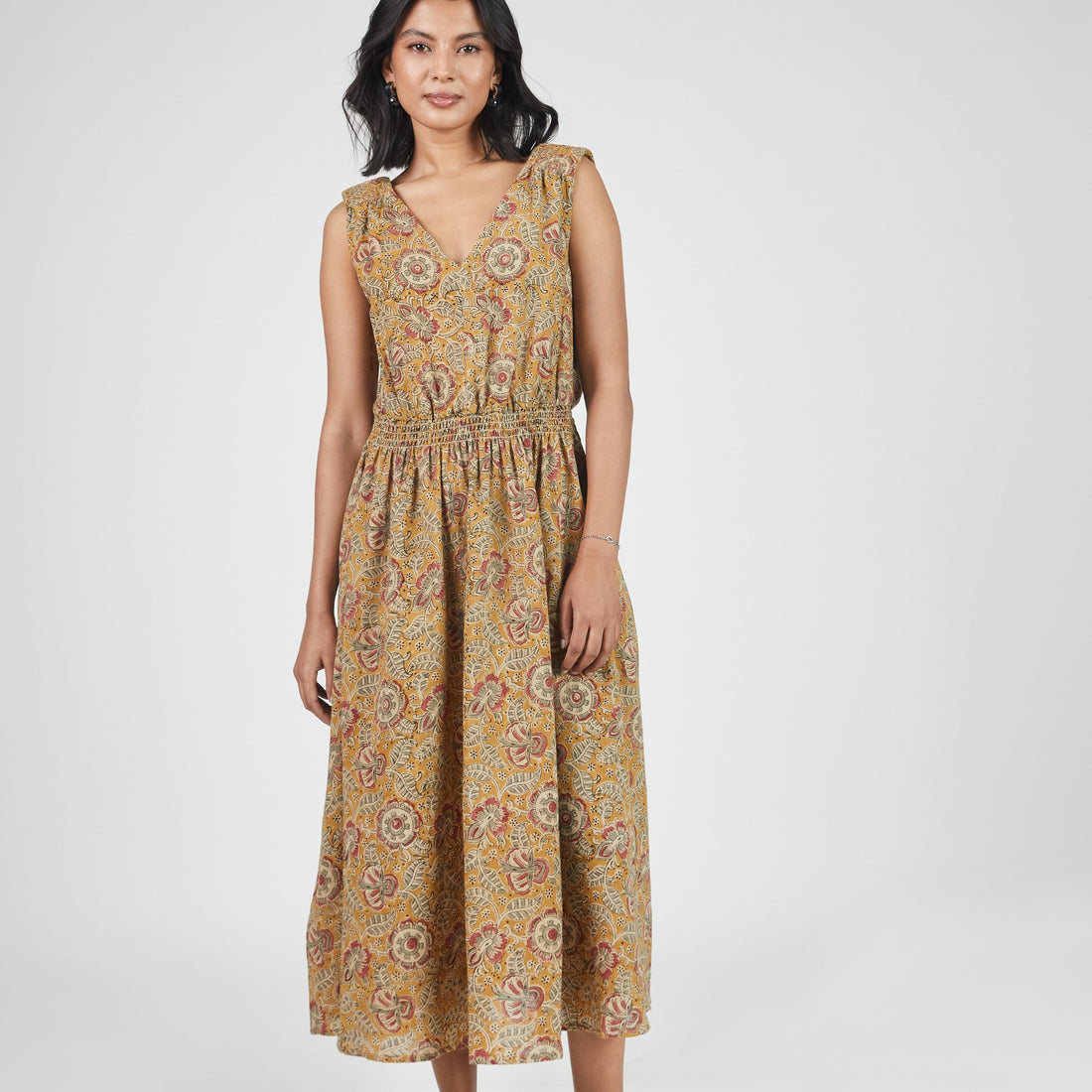 Eesha V Dress in Kalamkari Floral Yellow Sage