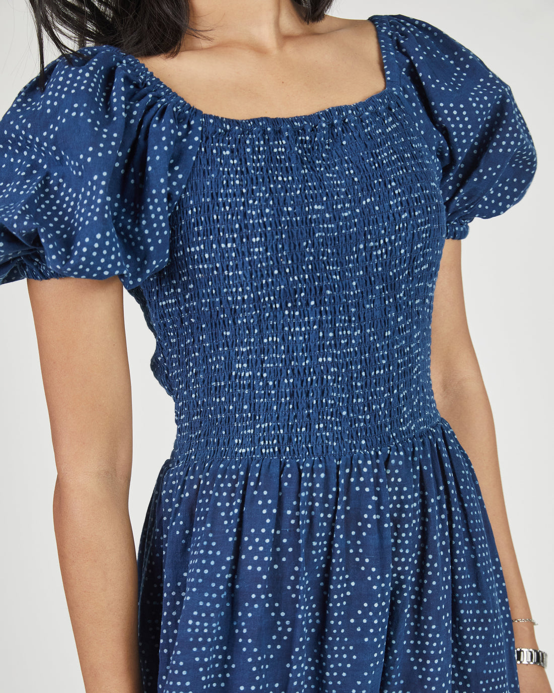 Anika Dress in Dot Block Print Indigo