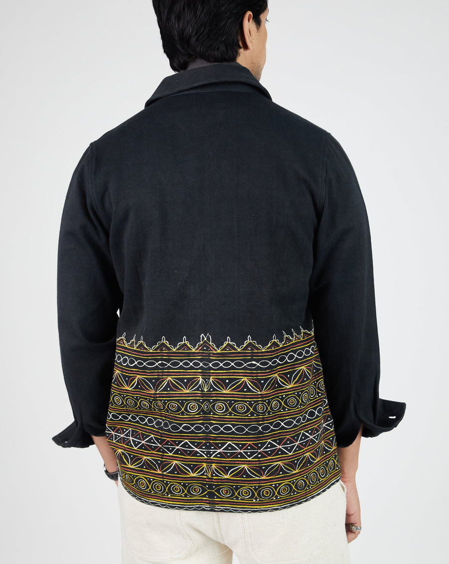 Akash Chore Coat in Rogan Border Black Twill