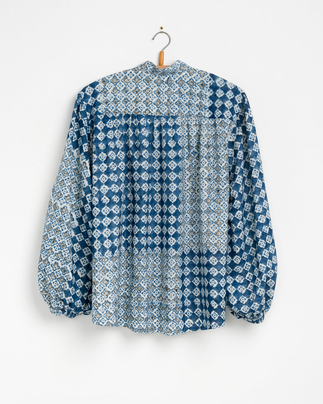 Sabrina Top in Engineered Tile Block Print Indigo