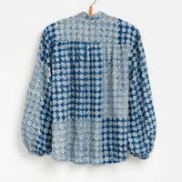 Sabrina Top in Engineered Tile Block Print Indigo