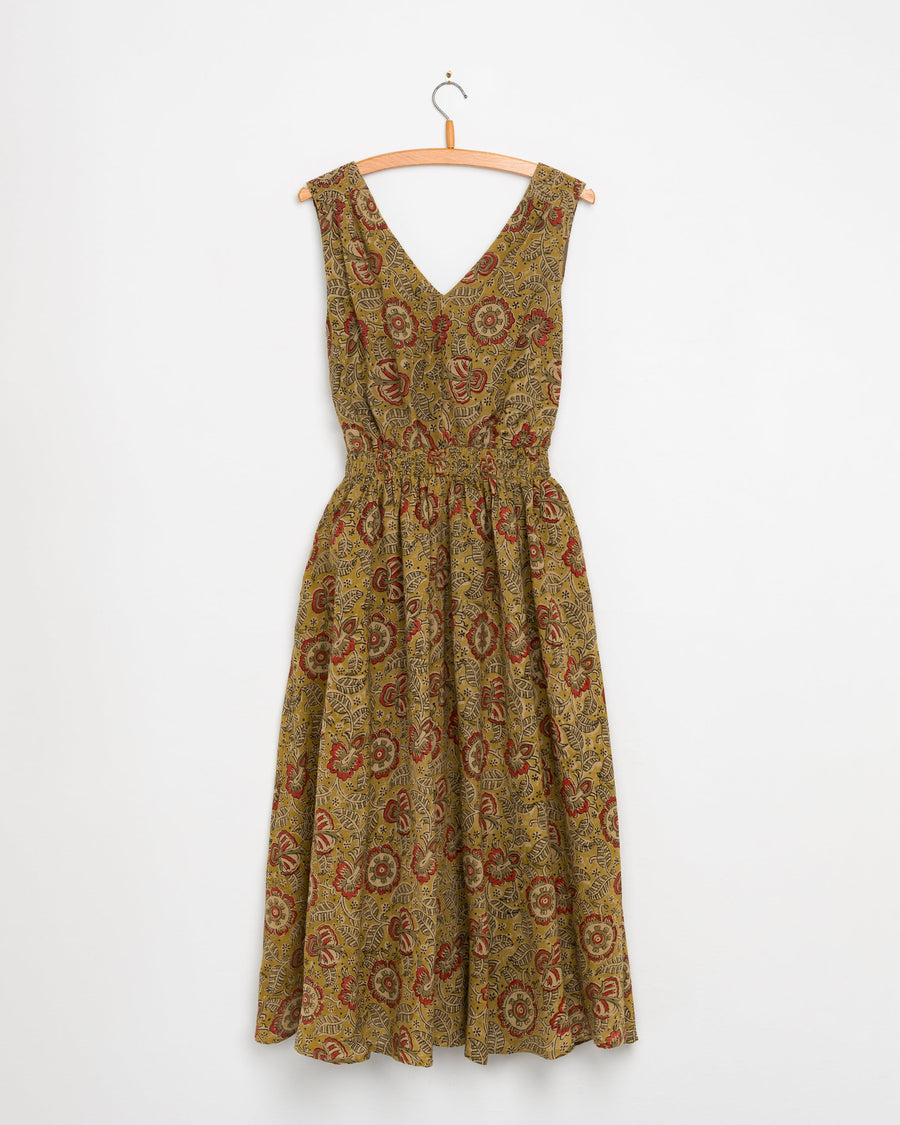 Eesha V Dress in Kalamkari Floral Yellow Sage