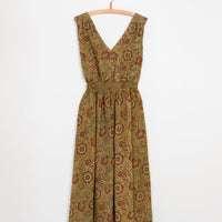 Eesha V Dress in Kalamkari Floral Yellow Sage