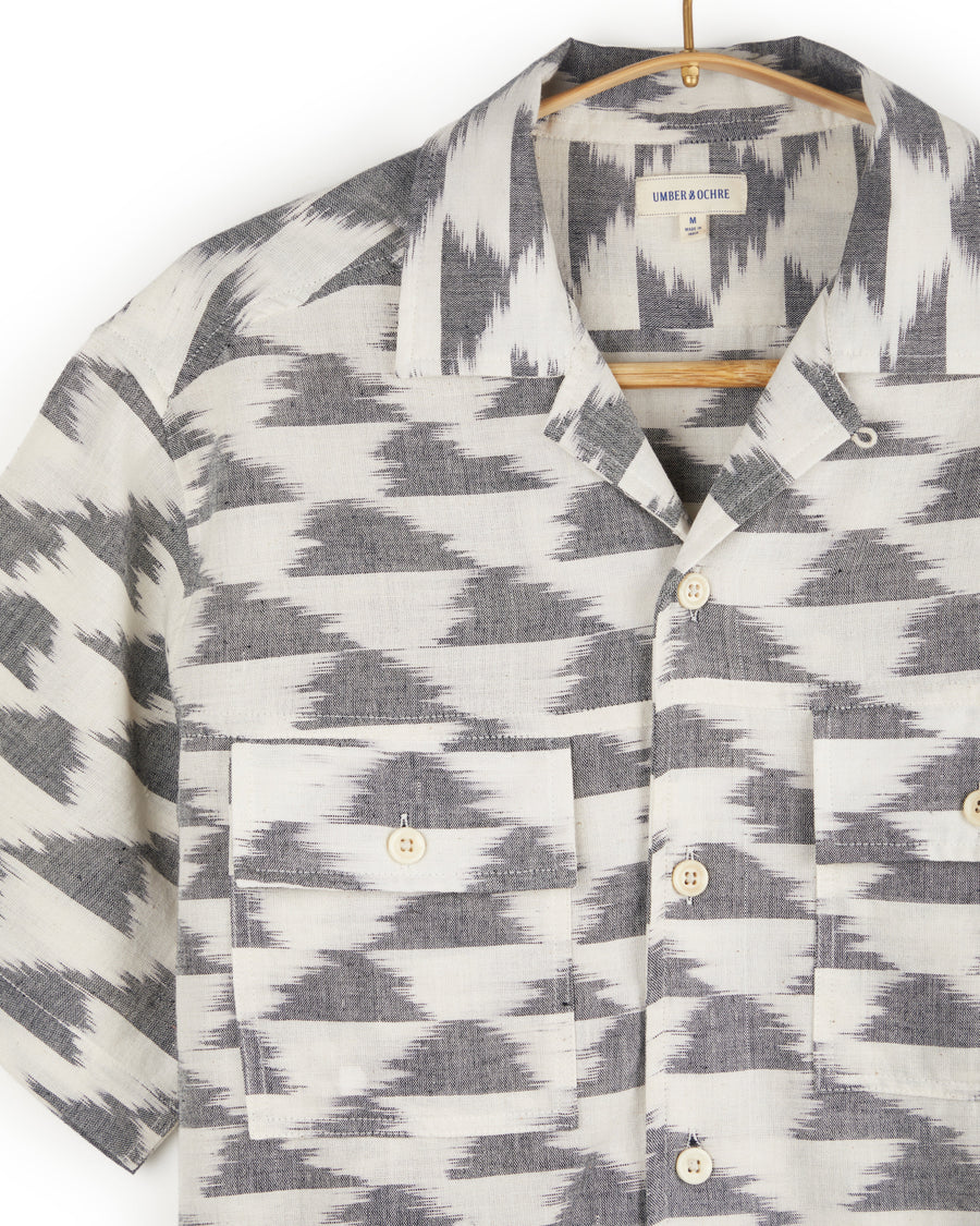 Harshil 2 Pocket Shirt Cotton Kora with Cloud Ikat in Charcoal
