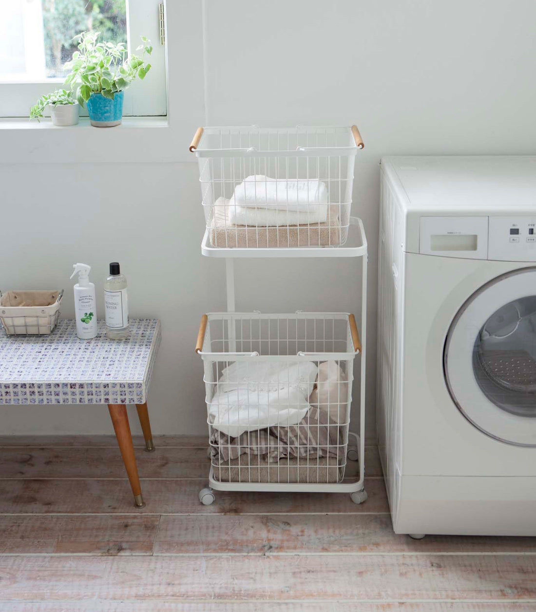 Rolling Laundry Cart + Wire Baskets (38" H)  - Steel + Wood