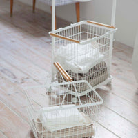Rolling Laundry Cart + Wire Baskets (38" H)  - Steel + Wood