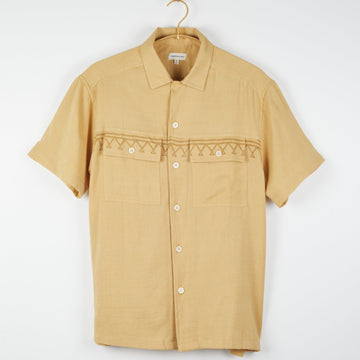 Harshil Two-Pocket Shirt in Border Stripe Block Print Sand Cotton Silk