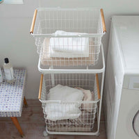 Rolling Laundry Cart + Wire Baskets (38" H)  - Steel + Wood