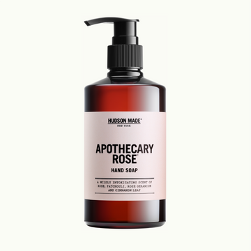 Hudson Made Apothecary Rose Hand Soap with a Mildly Intoxicating Scent of Rose, Patchouli, Rose Geranium and Cinnamon Leaf. Rose Has Long Been Shown To Improve Skin Texture And Soothe Irritated Skin. Hudson Made’s Apothecary Rose Hand Soap Is Ideal For Washing Hands In Both The Kitchen And Bathroom.