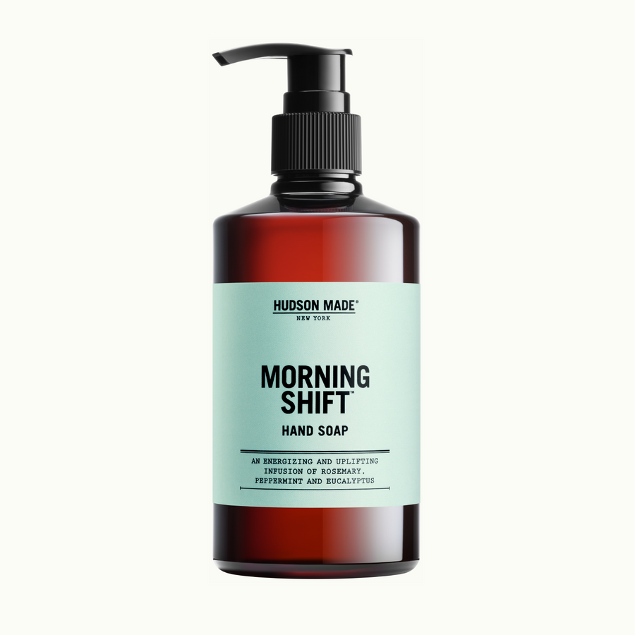 Hudson Made Morning Shift Liquid hand Soap with an Energizing and Uplifting Infusion of Rosemary, Peppermint and Eucalyptus. Awaken the Senses. Clear the Mind. Refresh the Body. Ideal for Washing Hands in Both the Kitchen and Bathroom.
